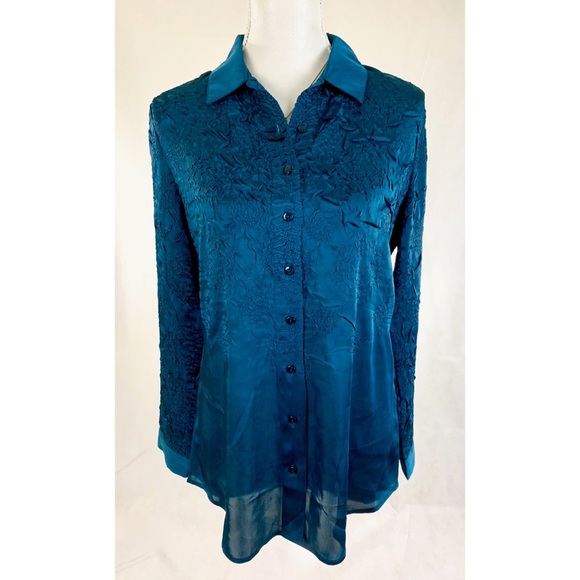 Chico's Tops - CHICOS Teal Textured Long Button Down Blou…